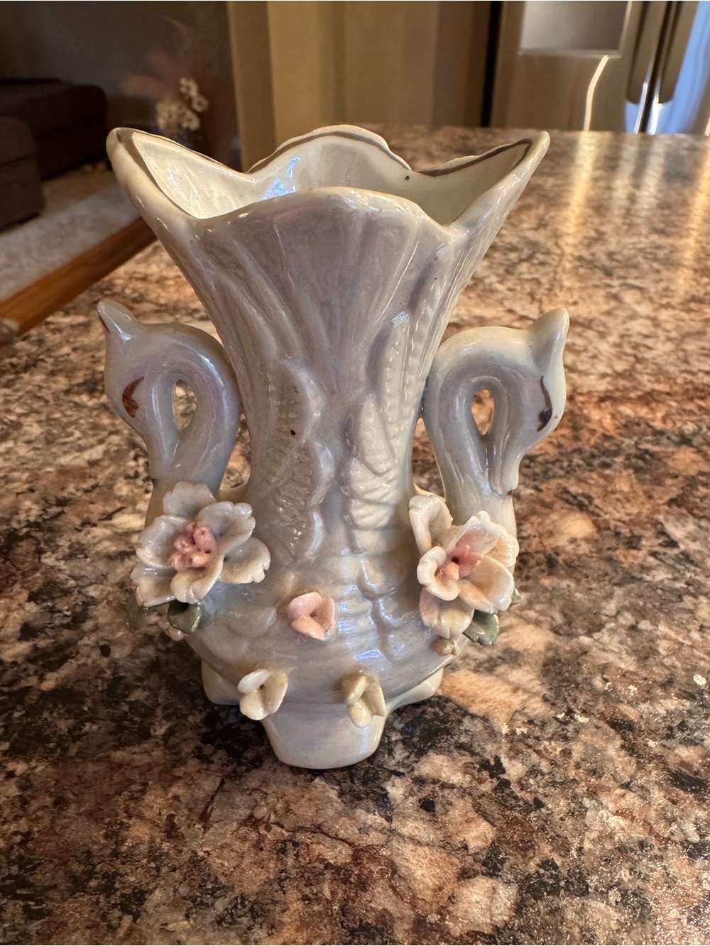 vintage lusterware ceramic swan vase featuring iridescent finishes